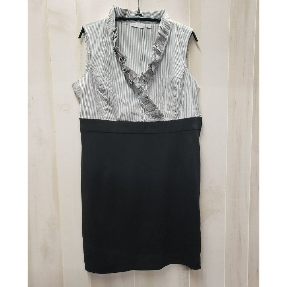 New York & Company Sleeveless Dress, Black & White Striped, Ruffle, XL, Side zip